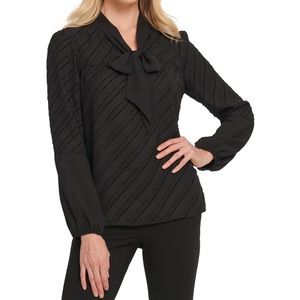 DKNY Woman’s Tie Neck Burnout Blouse Top Black M